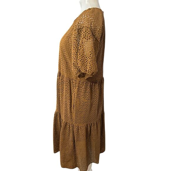 Everlane The Tiered Eyelet Dress Midi Cotton Walnut Brown Short Sleeve Sz Small - Picture 2 of 9